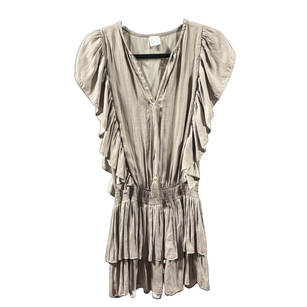 Follow The Sun Boho Gray Ruffle Tassel Romantic Mini Dress sz S EUC